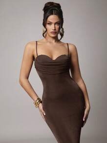 Silquee Women's Elegant Summer Maxi Dress,Dark Brown Stretchy Knit Spaghetti Strap Ruched Night Out Party Dress,Formal Wedding Cocktail Gala Gown - Coffee Brown - View 7