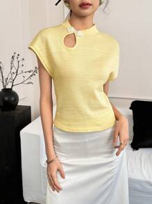 EastFlair 女士纽扣式蝙蝠翼短袖针织上衣 - 黃色 - 查看 6