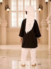 SHEIN Young Boy Contrast Color Round Neck Button Half-Placket Long Sleeve Casual Shirt - Black - View 2