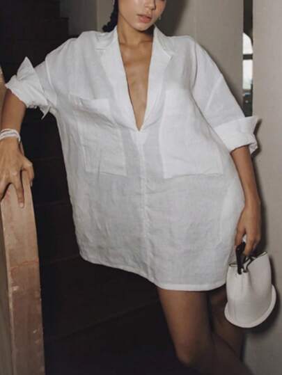 INAWLY 女式时尚简约纯色长袖迷你衬衫裙