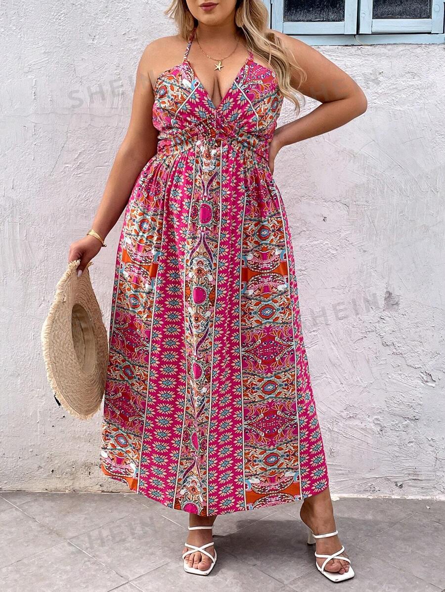 SHEIN VCAY Vestido casual con cuello de halter con nudo delantero y estampado floral para mujer de talla grande para vacaciones