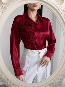 Modelyn 优雅纯色贴布长袖女式衬衫 - 酒紅色 - 查看 6