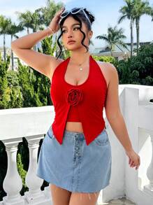 SHEIN EZwear 大码春季情人节浪漫红玫瑰花朵细肩带吊带背心上衣 - 紅色 - 查看 3
