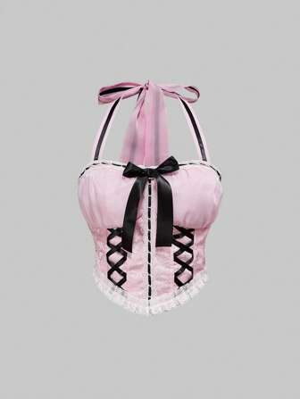 Kawaii Débardeur style palais avec encolure ras-du-cou, colorblock, nœud papillon autoportant, dos nu, rose