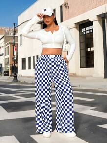 SHEIN EZwear 蓝白格子休闲宽松阔腿裤，大码 - 藍白色 - 查看 4