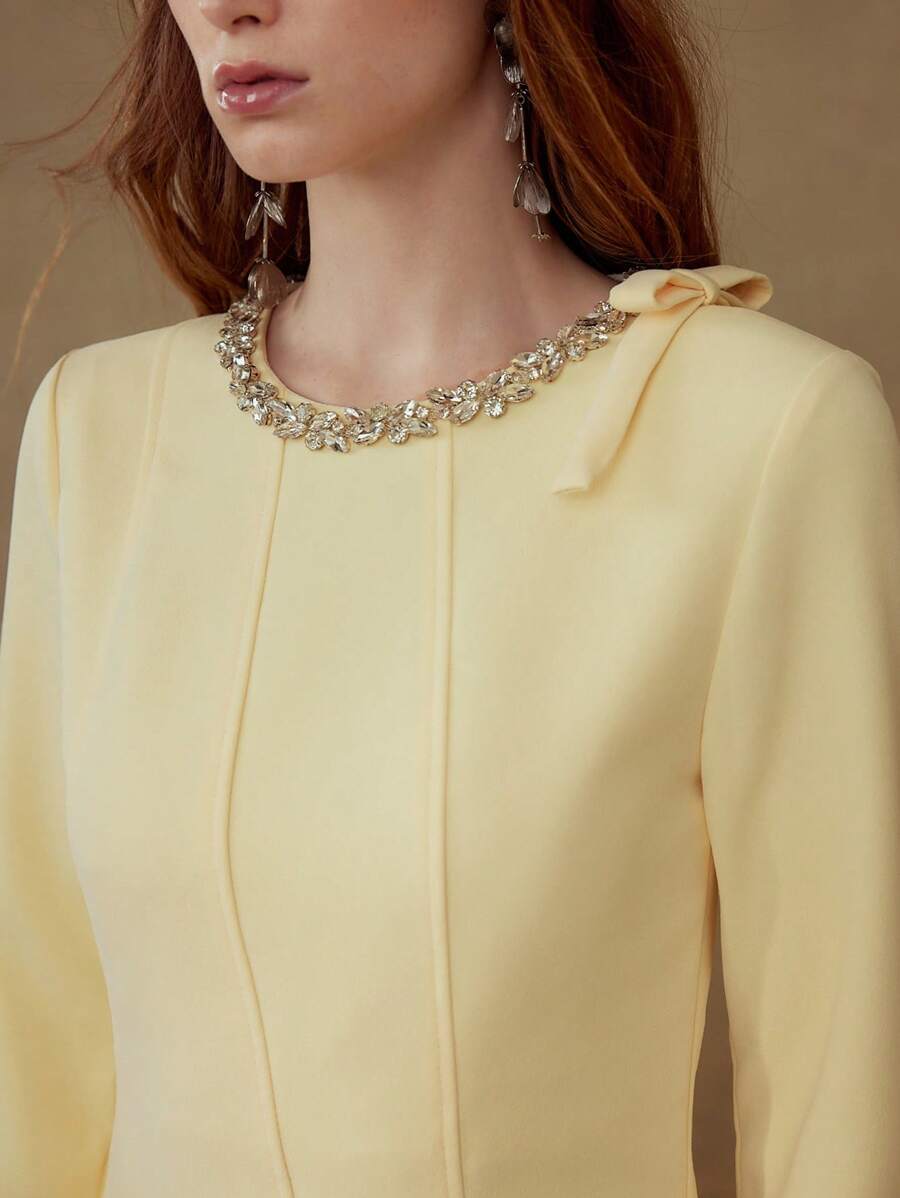 MOTF PREMIUM RHINESTONE DETAIL BOW DECOR DRESS - Yellow - View 2
