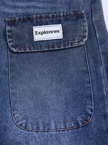 SHEIN Tween Boy Letter Print Cargo Pocket Wide Leg Jeans Cute Baggy Jeans Blue Jeans Baggy Baggy Jeans Girl Baggy Jeans With Design Cheap Baggy Jeans - Blue - View 4