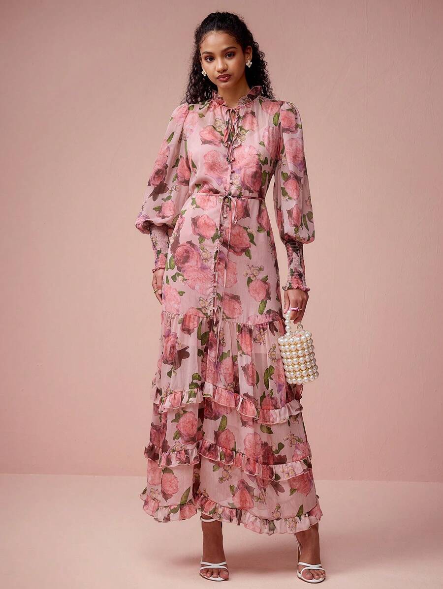 Enchnt Spring/Summer Romantic Women's Floral Print Ruffled Edge Tie Neck Multi-Layered Ruffled Hem Cuffs Dress, Sweet&Elegant For Valentine's Day&Holiday &Sweet Date Night&Daily&Vacation&Garden Parties - Pink - View 1
