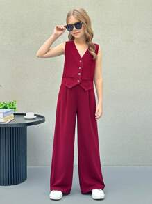 SHEIN Nova Glow Tween Girls Casual Street Style Woven Sleeveless Top And Straight-Leg Pants 2 Pieces Set - Burgundy - View 6