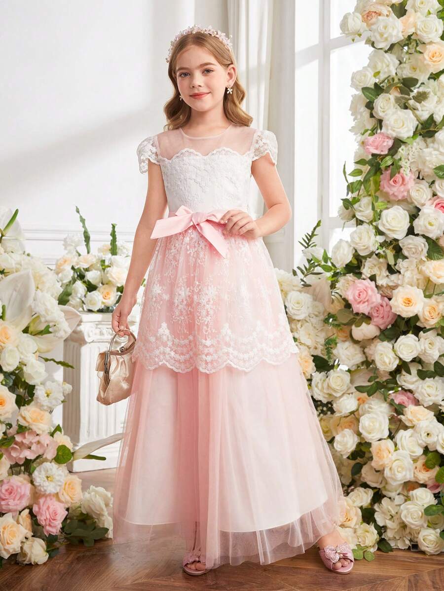 Tween Girls Embroidered Lace Round Neck Charming Ruffled Dress & Bowknot Waist Dress - Pink - View 1