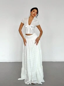 SHEIN Essnce 女士纯色刺绣短袖衬衫，V 领蕾丝拼布乡村法式风格上衣，春夏 - 白色 - 查看 7