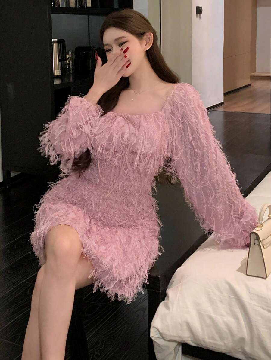 DAZY 女士紫色圆领褶皱腰灯笼袖蓬松迷你连衣裙，春夏秋季舞会礼服派对女士返校节礼服长袖连衣裙 - 淡紫色 - 查看 1
