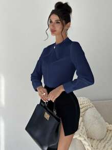 Firerie Women's Elegant Commute Fitted White Shirt With Crossed Neckline & Metal Decor - Navy Blue - View 4