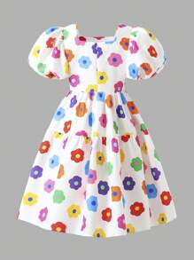 SHEIN Leap Crew Tween Girls Loose Casual Cute Printed Square Neck Puff Sleeve A-Line Dress - Multicolor - View 7