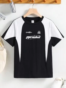 SHEIN T-shirt à manches courtes pour garçon préadolescent, style sportif coréen casual avec bloc de couleurs et imprimé. Convient pour le trajet, l'école, le casual quotidien, les sports, le printemps/été