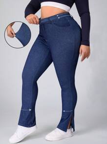 SHEIN Essnce Pantalones largos extra de mezclilla con estiramiento y abertura en el bajo, efecto estilizante, talla grande para mujer - Azul - Ver 8