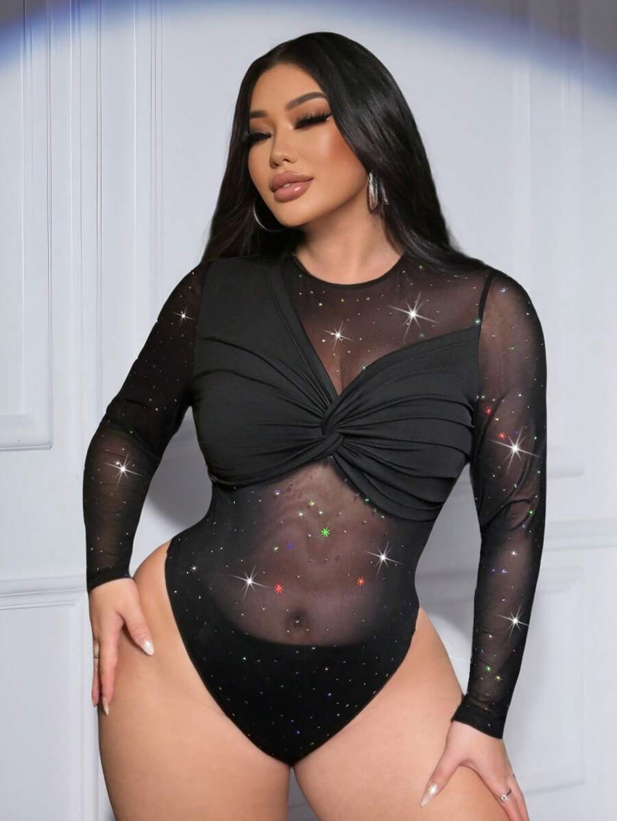 Flirla Sexy Sheer Splice Sequins Detail Plus Size Long Sleeve Bodysuit, For Party And Nightout - Black - View 1