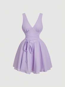 SHEIN MOD Vestido morado romántico estilo línea-A con escote en V y lazo delantero - Púrpura malva - Ver 1