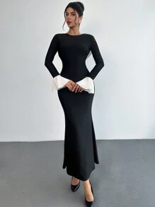 Firerie Women's Black And White Contrast Back Pile Collar Pearl Chain Slim Maxi Dress, Elegant Autumn Ruffle Trim Long-Sleeve Backless Dress For Dining Party - Black - View 3