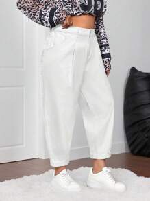 Firerie Quần Jeans Co Giãn Lưng Cao Xếp Ly Có Chi Tiết Viền Cuộn Size Lớn - trắng - Xem 1
