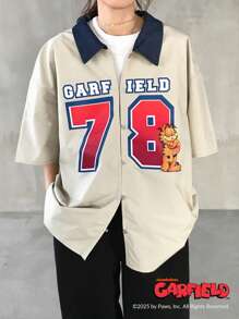 Garfield X FRIFUL Women's Loose Denim Effect Contrasting Splicing Letter Graphic Print Collabo Shirt, Summer Outdoor Wear - Khaki - View 3