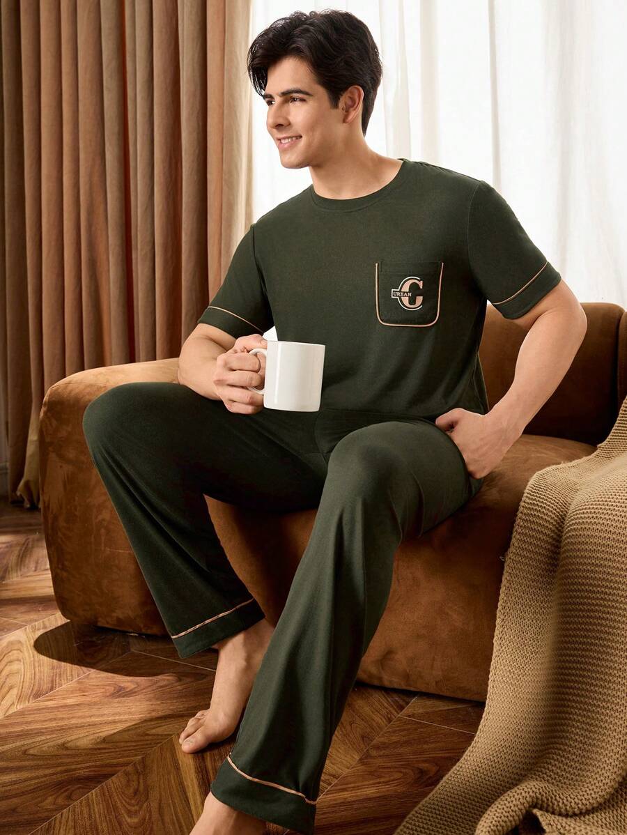Manfinity Underwear&Sleepwear Basics 男士字母印花短袖睡衣套装 - 軍綠色 - 查看 1