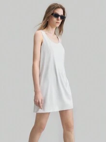 Ontre Women Solid Color Ribbed Mini Dress With Open Back Design, Simple & Elegant Urban Style, Sleeveless Short Dress, White, Spring/Summer - White - View 2