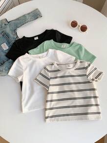 SHEIN Bộ 4 áo thun dài tay kẻ sọc dệt kim co giãn đa năng cho bé trai, thích hợp cho mùa xuân/hè, trong nhà và ngoài trời - Đen và trắng - Xem 6