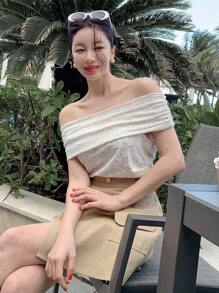 DAZY Women Off Shoulder Fitted One-Shoulder Short Sleeve Solid Color T-Shirt, Spring/Summer - White - View 7