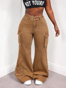 SHEIN Slayr Celana Jeans Wanita Model Flare dengan Kantong Kargo, Kasual, dan Serbaguna - Coklat - View 5
