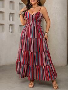 Breezaya Plus Size Women's Adjustable Spaghetti Strap Backless Bowknot Cinched Waist Long Striped Dress, Suitable For Summer Outfits, St. Patrick's Day, Rave, Festival, Spring Break, Boho