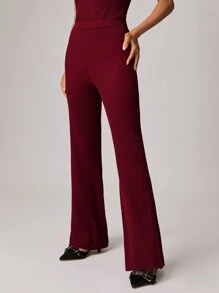 Forever 21 女式纯色休闲百搭喇叭针织裤 - 酒紅色 - 查看 1