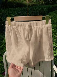 SHEIN EZwear 卡其色编织女士休闲落肩袖衬衫和短裤套装 - 卡其色 - 查看 5