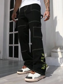 ROMWE MEN Street Life Men's Punk Color Block Stitching Flare Leg Jeans