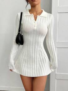 SHEIN EZwear Vestido de punto de línea A con cuello de polo y manga larga, de color liso y casual para mujer