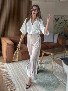 Chiquease Pantalones informales con estampado de bloques de color y lunares - Albaricoque - Ver 5