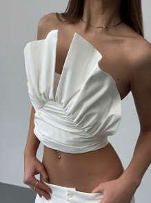 Aloruh Blusa Branca Sólida Minimalista com Silhueta Evasê Plissada e Elegante - Branco - Visão 5