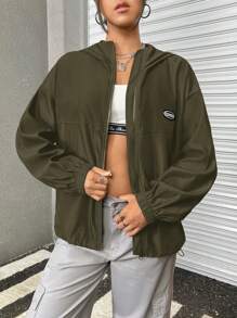 SHEIN EZwear Chaqueta con capucha con cremallera para mujer con detalles bordados con letras