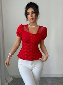 Elenzga Slim-Fit Women's Short Sleeve Bohemian Heart Pattern Mesh Shirt, Suitable For Spring/Summer Vacation - Red - View 4