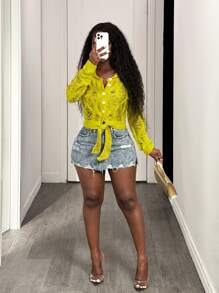 BamGleam Cardigan con botones y cierre de lazada con diseño hueco para mujeres