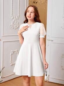 SHEIN Teen Girl Elegant Plain Knitted Patchwork With Mesh Chiffon Dress
