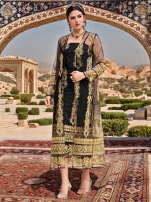 Al Najma 女士花卉网眼长袖长袍和连衣裙阿拉伯服装套装 - 黑色 - 查看 2