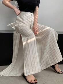 DAZY Quần ống rộng kẻ sọc buộc eo cho nữ với vải lanh phong cách Bohemian Holiday - Màu be - Xem 1