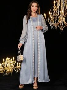 Al Najma Women's Grey-Blue Acetate Velvet Sleeve & Chiffon Panel Dress With Ruffle Trim And Waist Tie+ Abaya Jacket Set - Baby Blue - View 6