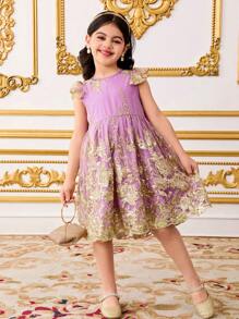 SHEIN Young Girl Woven Ruffled Fitted Dress Formal Outfit - Purple - View 5