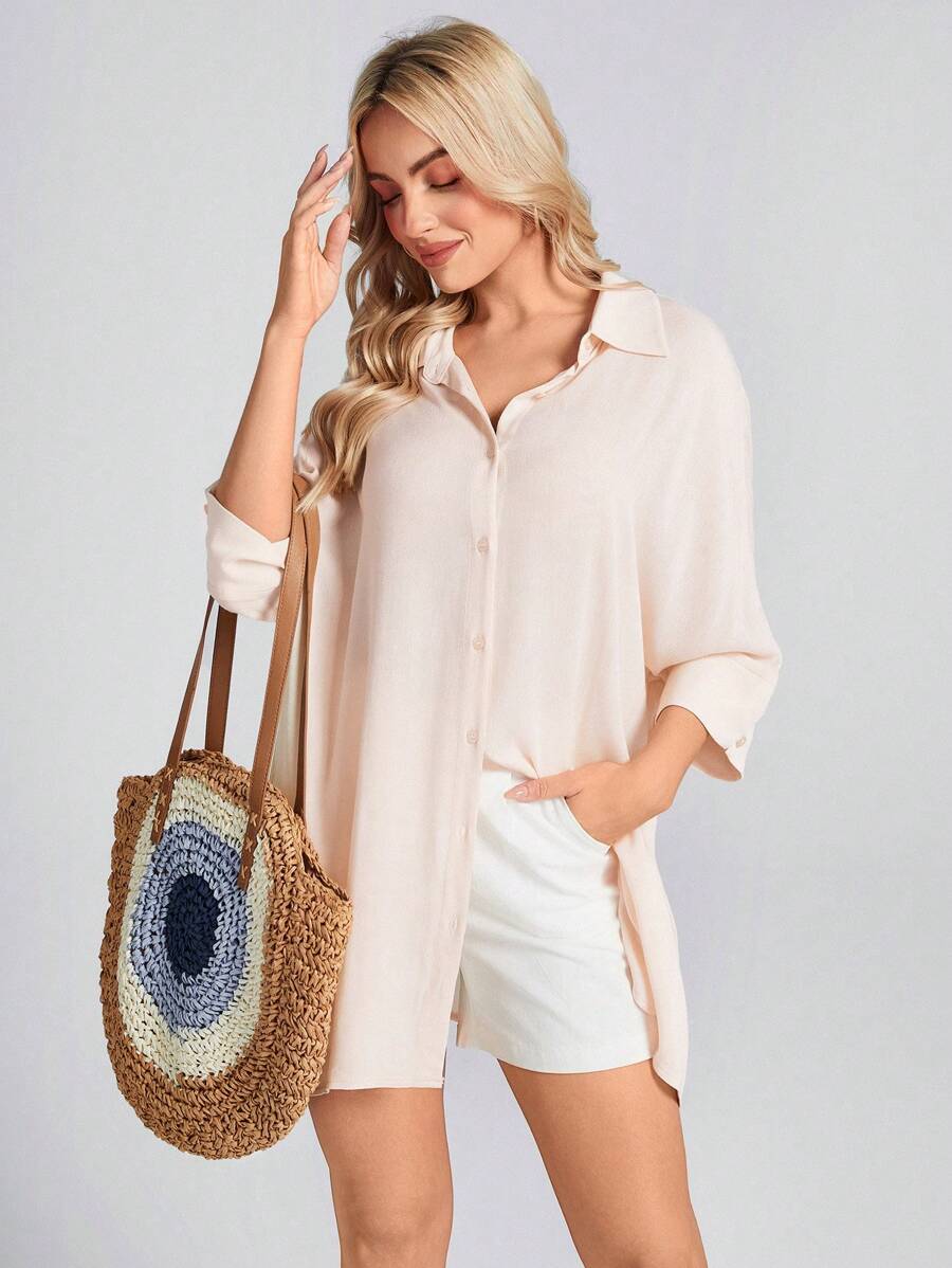 SHEIN LUNE Casual Summer Loose Open Front Mid-Sleeve Apricot Color American Country Style Linen Blend Blouse - Apricot - View 1