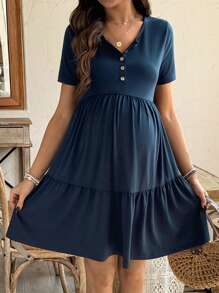 SHEIN Maternity Solid Color Button Front Short Sleeve Casual Dress