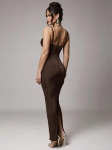 Silquee Women's Elegant Summer Maxi Dress,Dark Brown Stretchy Knit Spaghetti Strap Ruched Night Out Party Dress,Formal Wedding Cocktail Gala Gown - Coffee Brown - View 2
