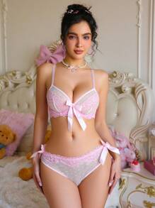 PetitDoll 2件套女士优雅蕾丝拼接无钢圈内衣文胸套装 - 淺粉色 - 查看 4