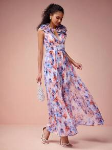 Enchnt 女士优雅花卉印花无袖连衣裙 - 藍色 - 查看 4